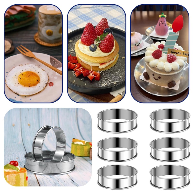 Kaquxibix 6-Piece Stainless Steel Muffin Ring Set, 8.5cm Non-Stick Baking