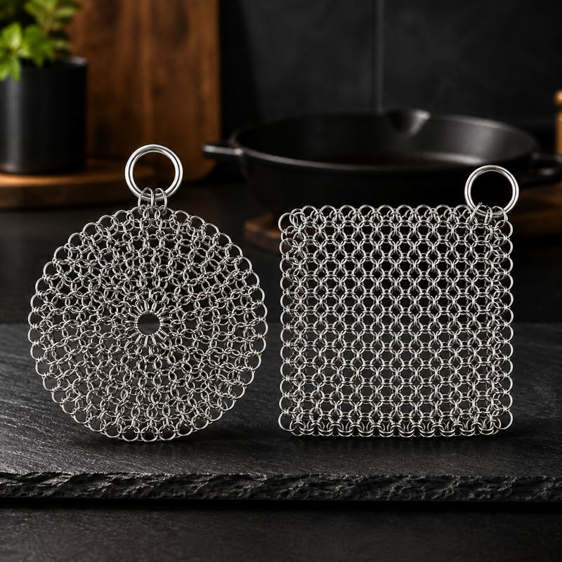 Stainless Steel Chainmail Scrubber for Cookware – Flexible Mesh Cleaner