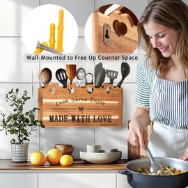 Kitchen Utensil Holder, Large Acacia Wood Organizer for Countertop | Extra Large Farmhouse Style with 4 Compartments, Rustic Wooden Storage for Cooking Tools & Cutlery