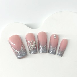 Long Square Press on Nails French Tip Blue Glue on Nails Rhinestones Acrylic Fake Nails with 3D Alloy Star Design Glue on Full Cover Artificial Gel False Stick on Nail for Girls Women Wedding 24Pcs