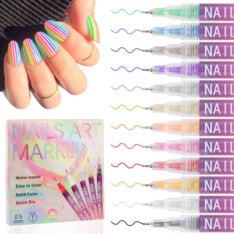 EBANKU 12 Colors 3D Nail Art Pens, Fine Tips 0.5