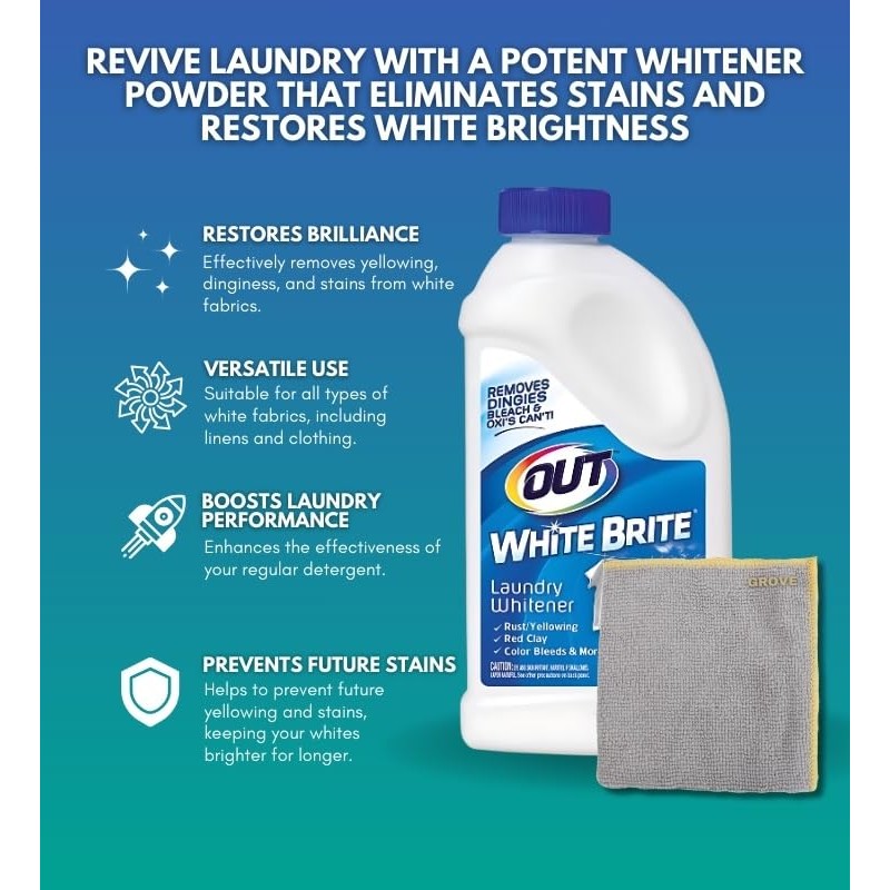 White Brite Laundry Whitener Powder 28 oz Bundle with Microfiber