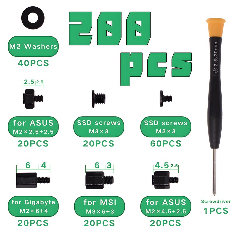 Zmbroll 200Pcs M.2 Screw Kit,Black M2 SSD Mounting Screws,NVMe Screw