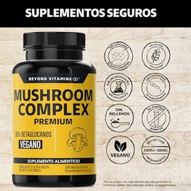 Beyond Vitamins | Mushroom Complex Premium con exclusiva mezcla de 6 hongos adaptógenos | Extractos altos en Betaglucanos, Polisacáridos y Triterpenos
