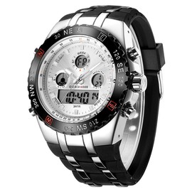 Men's Military Sports Watch - Digital, Waterproof, Analogue Watch with Date Alarm, Luminosity, Stopwatch, Big Army Watch for Big Men, Silver / white