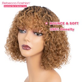 Rebecca Fashion #2/27 Ombre Honey Blonde Water Wave Bob Wig with Bangs Human Hair 10" Short Curly Bob Wig Human Hair Wigs for Black Women 150% Density Ultra Soft 100% Brazilian Remy Hair