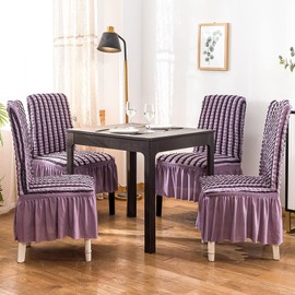 Qubjus Chair Covers for Dining Room Set of 6 Stretch Chair Slipcovers with Skirt Removable Washable Kitchen Chair Protector Cover Set for Home, Party, Wedding(Striped Purple, 6pcs)