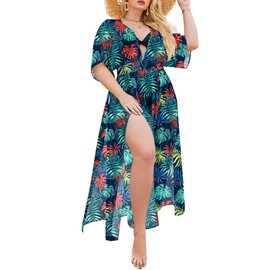 IN'VOLAND - Traje de baño de talla grande para mujer, cuello en V profundo, traje de baño, traje de baño, cubierta de bikini, vestido largo de kaftán, hojas tropicales, 18 Plus