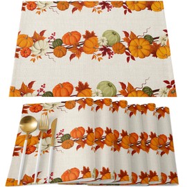 BIPASION Fall Placemats, Thanksgiving Placemats for Dining Table Set of 6, Autumn Washable Table Place Mats, Pumpkin Kitchen Table Mats for Indoors & Outdoors Holiday Decor