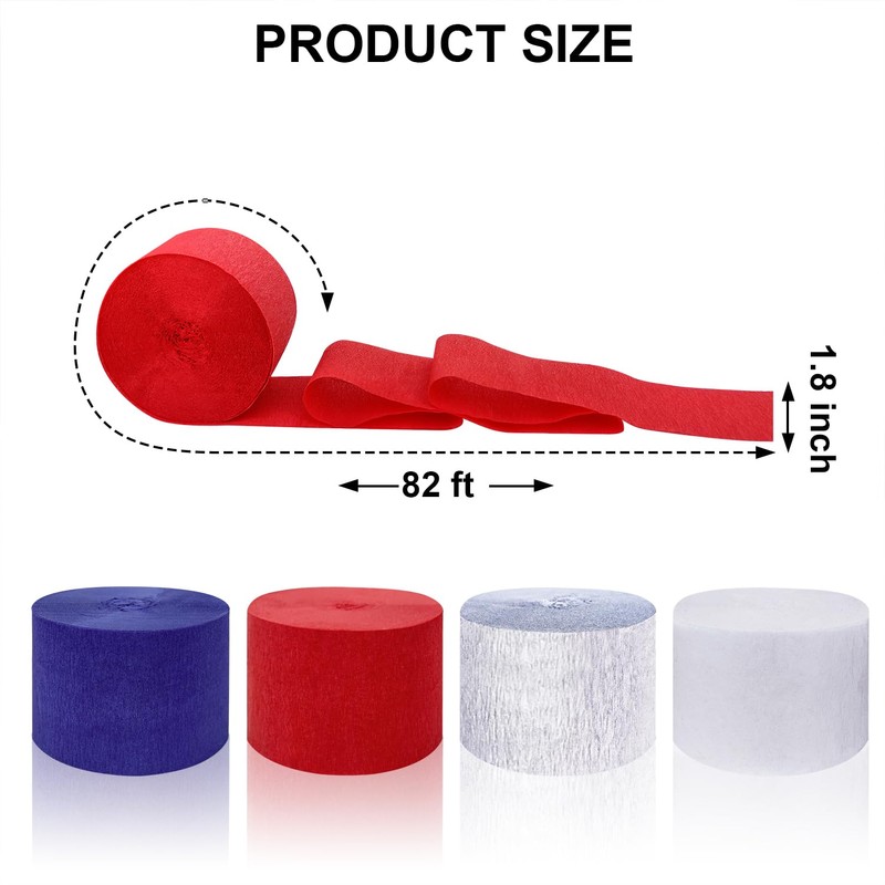 4 Crepe Paper Streamers Rolls, 328ft Pack of Red, White,