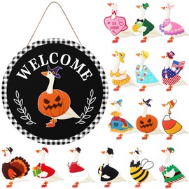 Memorywuu 16 Pcs Interchangeable Goose Welcome Sign 12 Inch Holiday Seasonal Wooden Sign with Wooden Holiday Magnet Goose Pieces for Front Door Porch Wall Decor(Black)