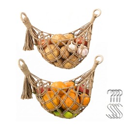 Halidali Hanging Fruit Hammock for Kitchen Under Cabinet, 2 Pack Basket Fruit Holder Net Boho Handwoven Vegetable Storage Organizing Saves Counter Space for Potato, Onion, Gifts (Linen)