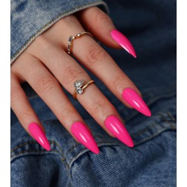 Morily 24Pcs Press on Nails Medium Hot Pink Fake Nails Stiletto Glossy False Nail Tips Artificial Full Cover Stick on Nails for Women