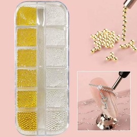 ONPRESS 1Box/12Girds 3D Mixed Sizes Nail Charms Gold Silver Mini Metal Caviar Nail Art Charms Gold Silver Round Balls Nail Gem Jewelry Steel Pearl Gemstone Beads Nails Art DIY Crafts Nails Supplies