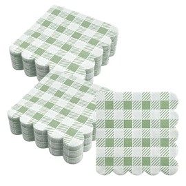 200Pcs Sage Green Plaid Scalloped Napkins, Disposable Paper Scalloped Napkins, Vintage Gingham Plaid Scalloped Cocktail Napkins for Wedding Baby Shower Birthday party 4.7"x4.7"