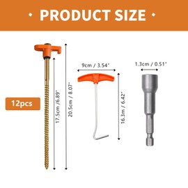 KUUGUDE Pack of 12 Tent Stakes, Tent Pegs for Screws, Rotating Screw Pegs, Camping, with Nail Puller and Bit, Robust Steel Pegs for Camping and Outdoor (Orange Colour)