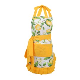 Surblue Women Hem Apron with 2 Pockets for MOM and ME Cotton Extra-Long Tie,Heavy Duty Aprons for Cooking, Baking, BBQ, Gardening,Yellow Lemon,Adult