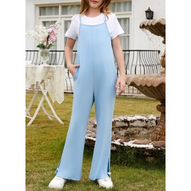 blibean Teen Girls Summer Romper Little Kids Casual Sleeveless Jumpsuit Tween Solid Outfit Spaghetti Strap Clothes Flare Wide Split Pants Size 6-7 Years Old Sky Blue