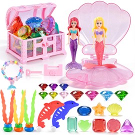 Pool Diving Toys for Kids Ages 4-8 8-12, 31 Pcs Shell Mermaid Pool Toys & Treasure Chest Toys & Diving Gems, Fun Summer Swim Party Gifts for Boys Girls with Storage Bag