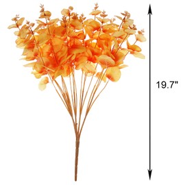 Tinsow Artificial Eucalyptus Stem Real Touch Fall Leaf Faux Long Eucalyptuses Branches Wedding Bouquet Centerpiece Harvest Thanksgiving Home Decor (Orange, 2)