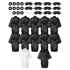 12 Pack Satin Women Robes Kimono Robe Bulk with Sleeping Mask and Hair Tie Sets Silky Bathrobes for Birthday Wedding Party (White, Black)