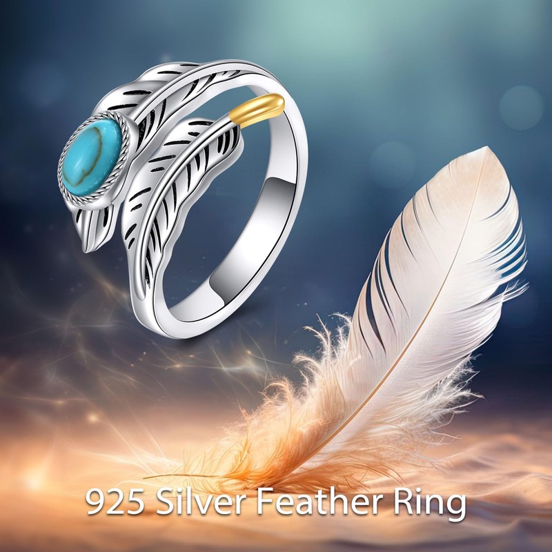 925 Sterling Silver Ring Feather Ring Turquoise Rings Adjustable Feather