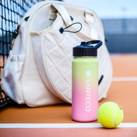 SANTECO Thermos Flask with Straw, Water Bottle, Stainless Steel, 1100 ml, BPA-Free with 2 Lids, Colour Gradient, Insulated Jug, Dishwasher Safe for Travel, Camping, Yellowish Pink