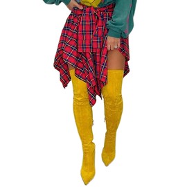 Plaid Skirt Mini - High Waisted Knot Front Asymmetrical Hem A-line Skirts Red M