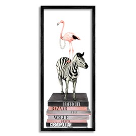 Stupell Industries Fashion Flamingo Zebra Glam Book Stack Pearls, Designed by Ziwei Li Black Framed Wall Art, 13 x 30