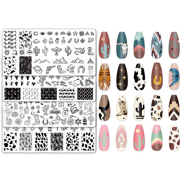 JarThenaAMCS 4Pcs Western Nail Plates Stamping Set Cowboy Cowgirl Stamp