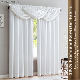 PREMIUS Crushed Satin Rod Pocket Panel and Waterfall Valance with Decorative Fringe Window Treatments, Curtain Set for Your Home, All Sold Separately (White, Valance - 48X37 Inches)