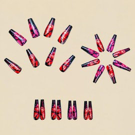 Press on Nails Long Length Square Fake Nails Black Red French Coffin Press on False Nails with Butterfly and Flowers Designs Artificial Acrylic Nails Stick on Nails for Women 24PCS