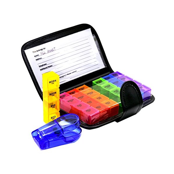 Small to Medium Sized Easy Open 7 Day Travel Pill Organizer Box Weekly Case, Prescription & Medication, Vitamin Organizer, Rainbow Reminder Daily (with Tablet Cutter)