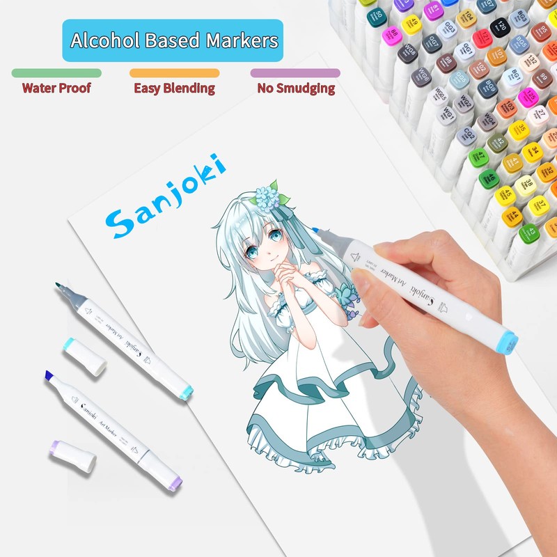 SANJOKI Alcohol Markers 120 colors,Broad&Fine Dual Tip, Permanent Artist Sketch