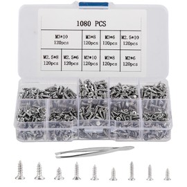 1080 Pieces Small Self-Tapping Screws, M2/M2.5/M3 Wood Screws, 6 mm/8 mm/10 mm Flat Head Cross Head Tapping Screws Set for Office Equipment, Wooden Furniture (Silver)