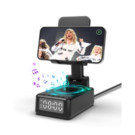 Bluetooth Lautsprecher mit Faltbarer Handyhalterung, 6-in-1 Tragbarer Musikbox, Handy Ständer mit Wecker Digital Uhr Wireless Charger, Geburtstagsgeschenk für Männer Geschenke für Frauen Papa Mama usw