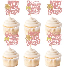 Keaziu - 24 piezas de decoración para magdalenas de feliz año nuevo, bienvenida, 2024, decoraciones de copa de fuegos artificiales para felicitaciones 2024, feliz año nuevo, día festivo, decoración de fiesta, color rosa 1