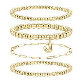 Gold Bracelets Stack Beaded for Women: Dainty 14k Gold Bracelets for Women Non Tarnish Stackable - Initial Bracelet Set for Women Small Wrist Trendy - Bubble Letter Stretch Charm Bracelet Gold Jewelry