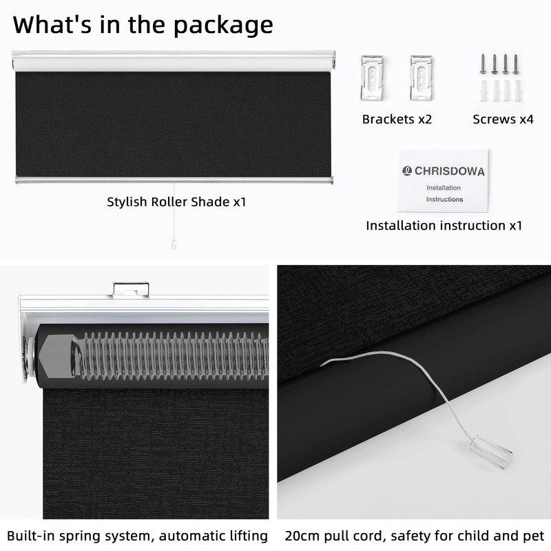 ChrisDowa Cordless Blackout Roller Shade with Spring System Room Darkening