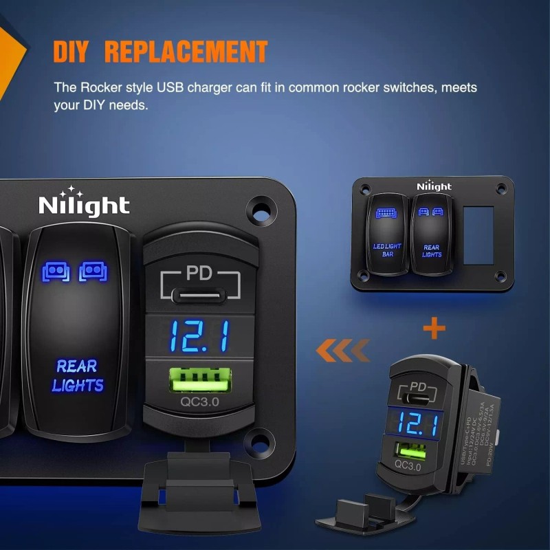 Nilight Rocker Switch Style USB Charger LED Voltmeter Quick Charge
