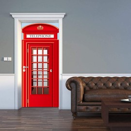 Abstract Art Door Sticker, Peel and Stick Vinyl Door Decals, British Phone Booth in London, United Kingdom - Wall Decal Art 3D Wallpaper