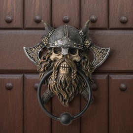 Summit Collection Gifts Skull Viking Door Knocker Medieval Norse Warrior Design with Battle Axes Decorative Cast Iron Door Hardware Polyresin Home Decor 7.25"H