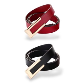 Women's Belt Soft Genuine Leather Belts Waist Belt Gold Solid Color Buckle Waistband For Pants, Jeans, Suit Waist 28"-34", 2-pack, Black & Lava, Suitable Women Size 4-10, Suit Waist Size 26"- 34"