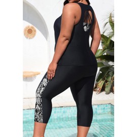 Yonique 3 Piece Plus Size Swimsuits for Women Tankini Tops with Sports Bra and Swim Capris Athletic Bathing Suits, Black Floral 02, 22 Plus