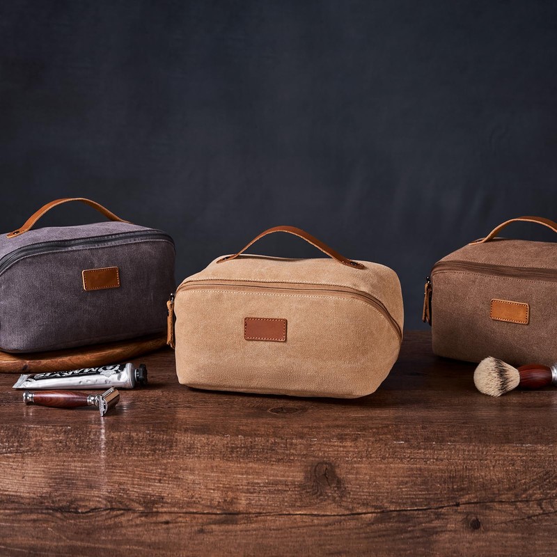 PAHVRION Canvas Toiletry Bag for Women with Genuine Leather Handle,Travel