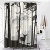 Semtomn Decorative Shower Curtain Silhouette of Pine Forest Family Deer
