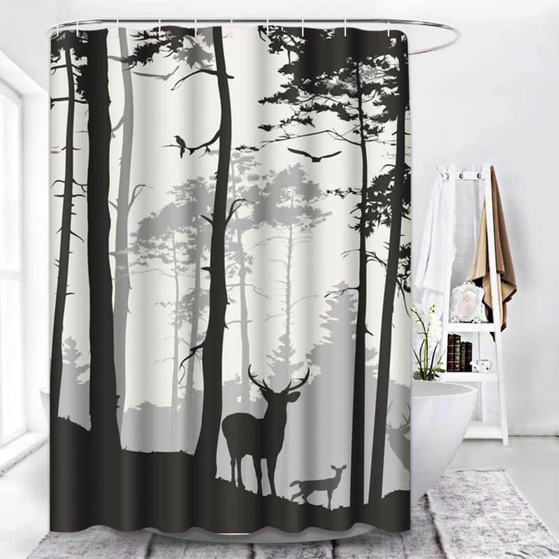 Semtomn Decorative Shower Curtain Silhouette of Pine Forest Family Deer