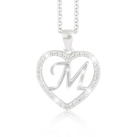 PAVELS Necklace M with Pendant Letter Chain Silver 925 Heart Sterling Silver Chains with Name Initial Letters Gifts for Her, Silver, Cubic Zirconia