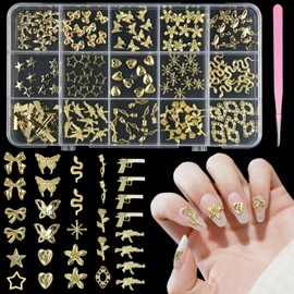 150 Pcs Gun Gold Nail Charms, Butterfly Star Cross Alloy Gold Nail Charms and Gems, Snake Rose Bow Y2K Metal Nail Art Charms for Nail Art Design DIY Supplies Accessories