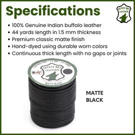 Coyote Bay® Leather Cord in Matte Finish Black Color, 44 Yards Length in 1.5mm or 2mm Thickness, 100% Genuine Buffalo Leather for Jewelry Making, Crafts, Hobby Projects (Matte Black, 1.5 mm)